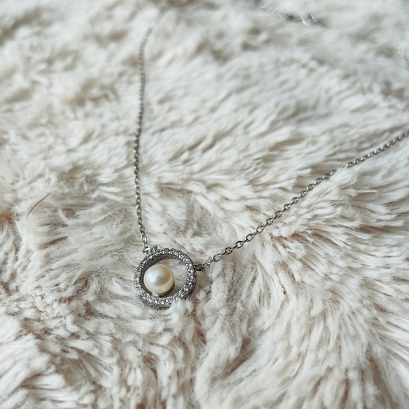 Synthetic Pearl & CZ Sterling Silver Necklace - Picture 1 of 5